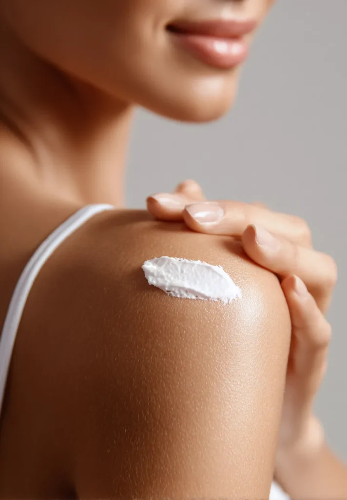 Cream swatch on a smiling womans shoulder closeup