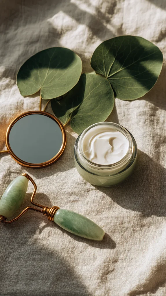 Cream jar with eucalyptus leaves and a jade face roller