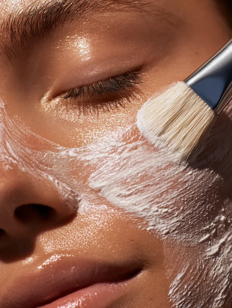 Closeup of a cream mask being brushed onto glowing skin
