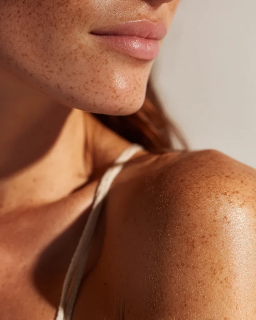 Closeup of a freckled neck and shoulder profile in soft light