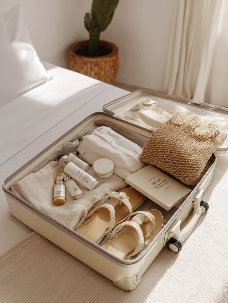 Open suitcase packed with skincare bottles and a wicker bag for travel