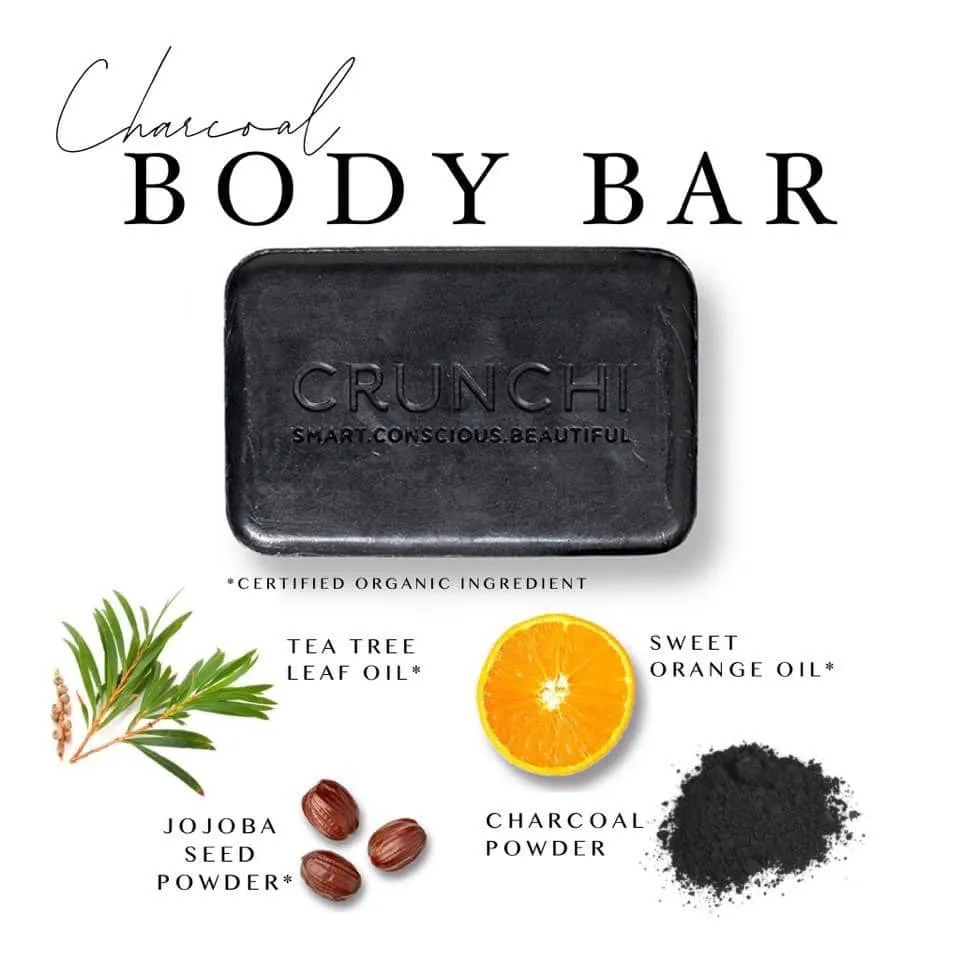 Crunchi charcoal body bar ingredient breakdown including activated charcoal, jojoba, and tea tree