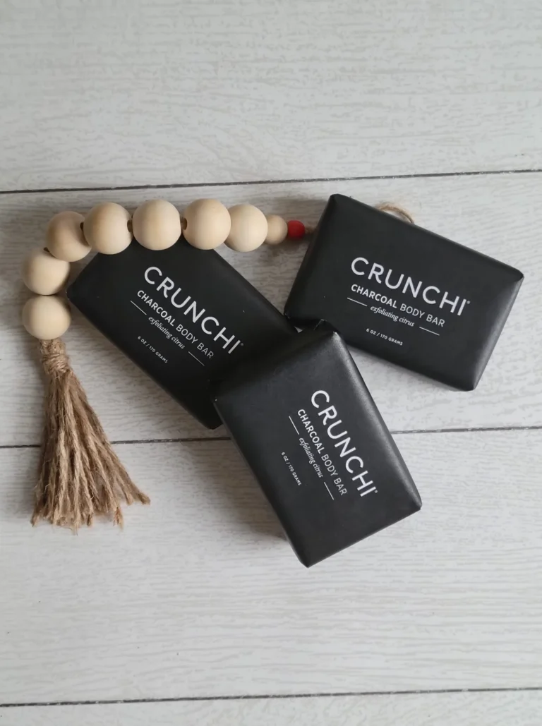 Stack of Crunchi charcoal body bars, my go-to for the whole family