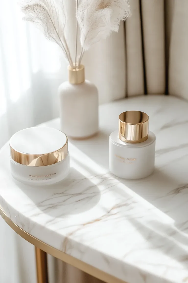 Marble side table with gold-trimmed skincare jars and pampas grass